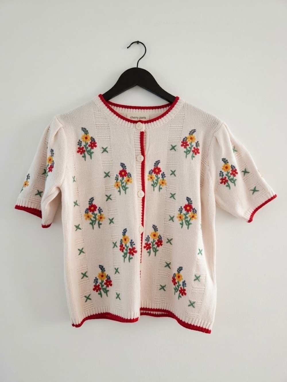 Cream Short-Sleeve Floral Embroidered Cardigan with Red Trim